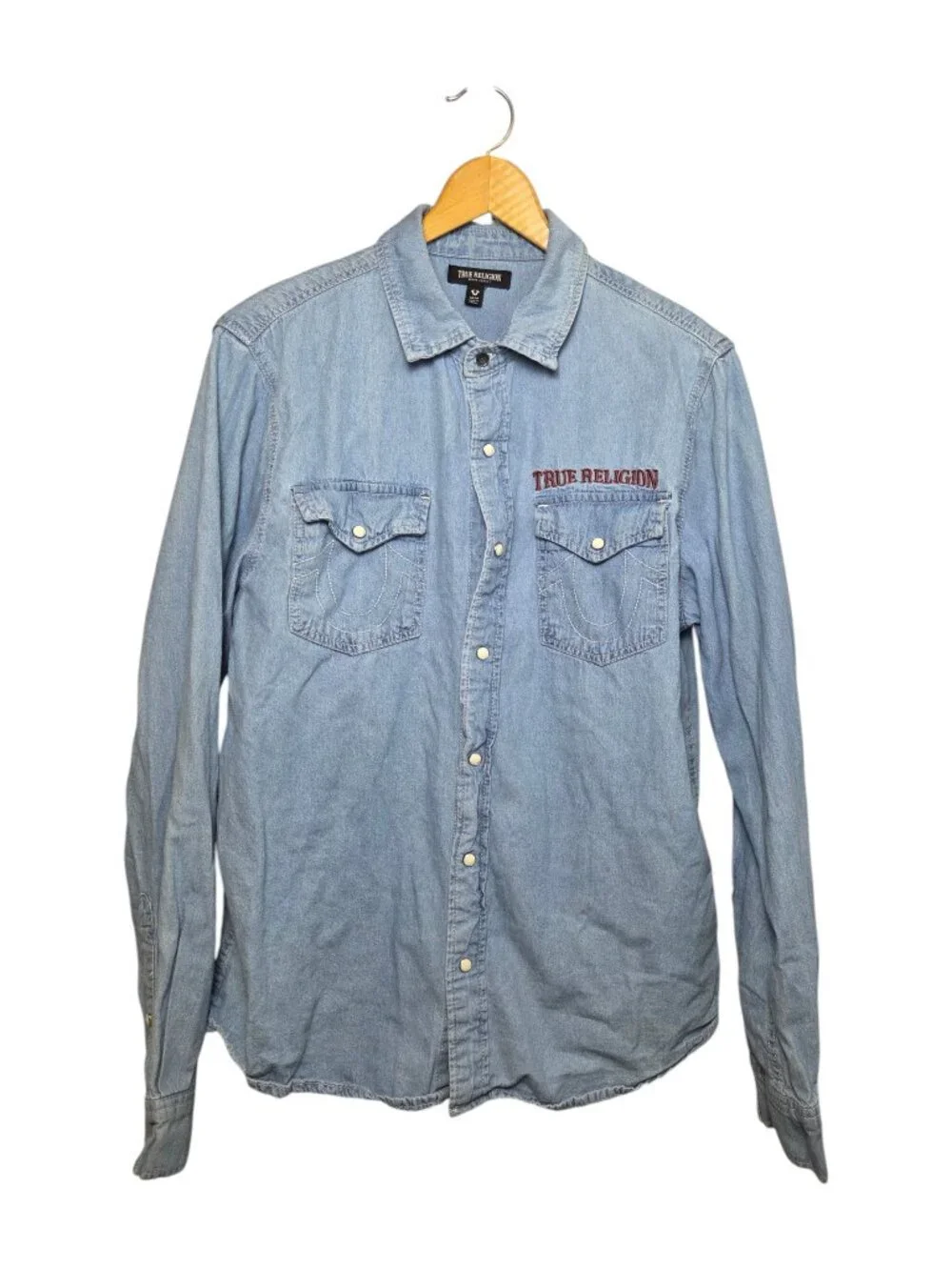 True Religion Mens Medium Blue Denim Western Shirt Pearl Snap Button Long Sleeve